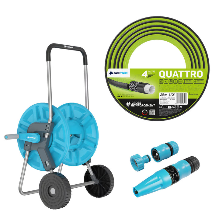 Chariot pour tuyau Cellfast Aluplus 1/2" 60 m + tuyau d'arrosage Cellfast Quattro 1/2" 25 m + ensemble avec arroseur droit Cellfast Basic 1/2"