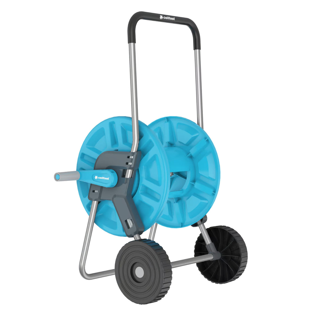 Chariot pour tuyau Cellfast Aluplus 1/2" 60 m + tuyau d'arrosage Cellfast Economic 1/2" 25 m + ensemble avec arroseur droit Cellfast Basic 1/2"