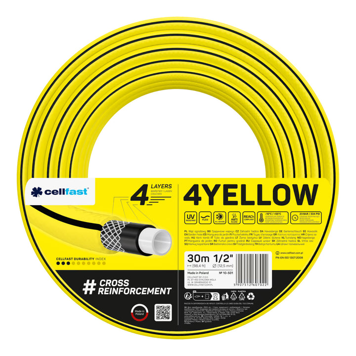 Chariot pour tuyau Cellfast Aluplus 1/2" 60 m + tuyau d'arrosage Cellfast 4YELLOW 1/2" 30 m + kit avec arroseur droit Cellfast Basic 1/2"