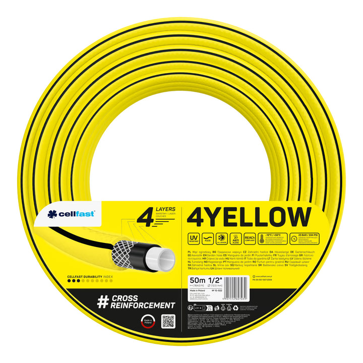 Chariot pour tuyau Cellfast Aluplus 1/2" 60 m + tuyau d'arrosage Cellfast 4YELLOW 1/2" 50 m + kit avec arroseur droit Cellfast Basic 1/2"