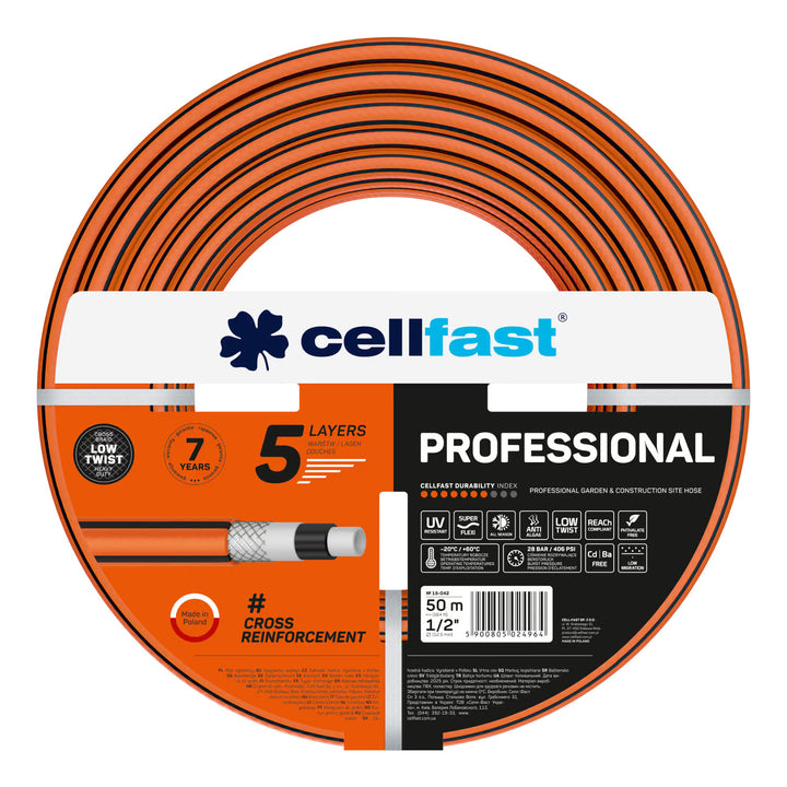Chariot pour tuyau Cellfast Aluplus 1/2" 60 m + Tuyau d'arrosage Cellfast, PROFESSIONAL 1/2" 50 m + Kit avec arroseur droit Cellfast Basic 1/2"