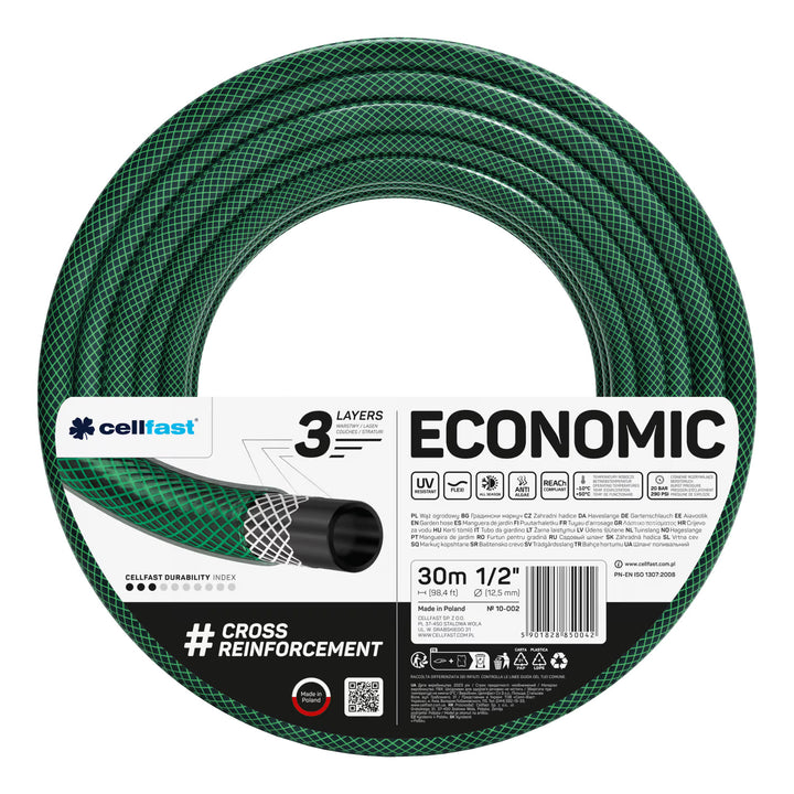 Tuyau d'arrosage Cellfast Economic 1/2" 30 m + support pour tuyau Cellfast gris + kit avec arroseur droit Cellfast Basic 1/2"