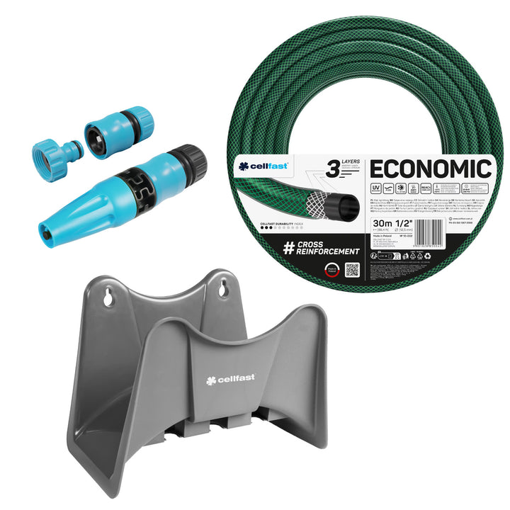 Tuyau d'arrosage Cellfast Economic 1/2" 30 m + support pour tuyau Cellfast gris + kit avec arroseur droit Cellfast Basic 1/2"