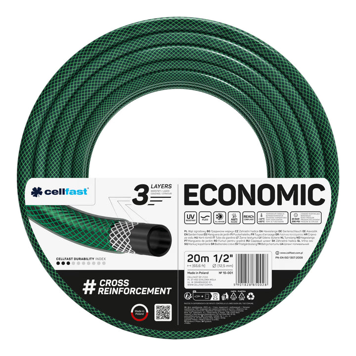 Tuyau d'arrosage Cellfast Economic 1/2" 20 m + support pour tuyau Cellfast gris + kit avec arroseur droit Cellfast Basic 1/2"