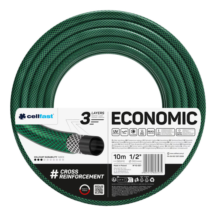 Tuyau d'arrosage Cellfast Economic 1/2" 10 m + support pour tuyau Cellfast gris + kit avec arroseur droit Cellfast Basic 1/2"