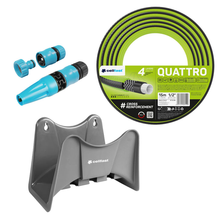 Tuyau d'arrosage Cellfast Quattro 1/2" 15 m + support pour tuyau Cellfast gris + kit avec arroseur droit Cellfast Basic 1/2"