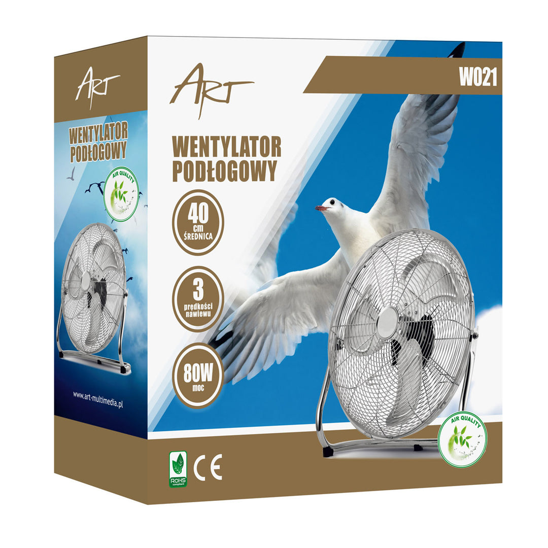 Ventilateur de sol HanksAir, puissance 80 W, 3 vitesses, en acier chromé, diamètre 40 cm, longueur du câble 1,5 m, W021