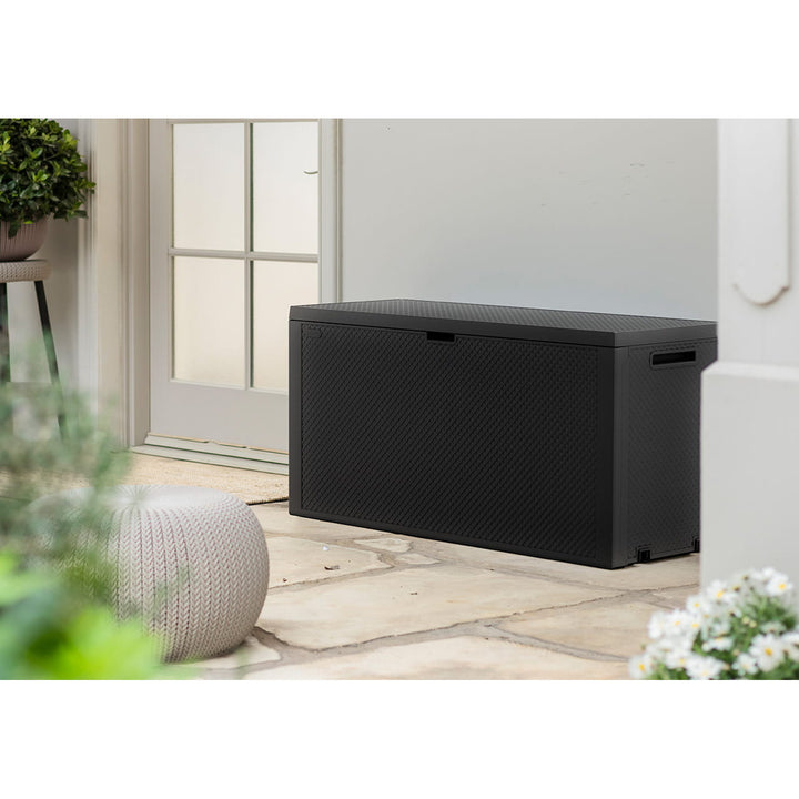 Coffre de jardin Keter Emily, capacité 277 L, couleur anthracite, charge maximale 20 kg, résistant aux intempéries, équipé de poignées et de roulettes, 249722