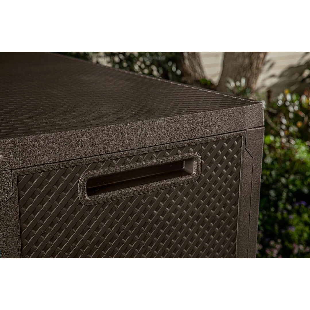 Coffre de jardin Keter Emily, capacité 277 L, couleur marron, charge maximale 20 kg, résistant aux intempéries, équipé de poignées et de roulettes, 249719