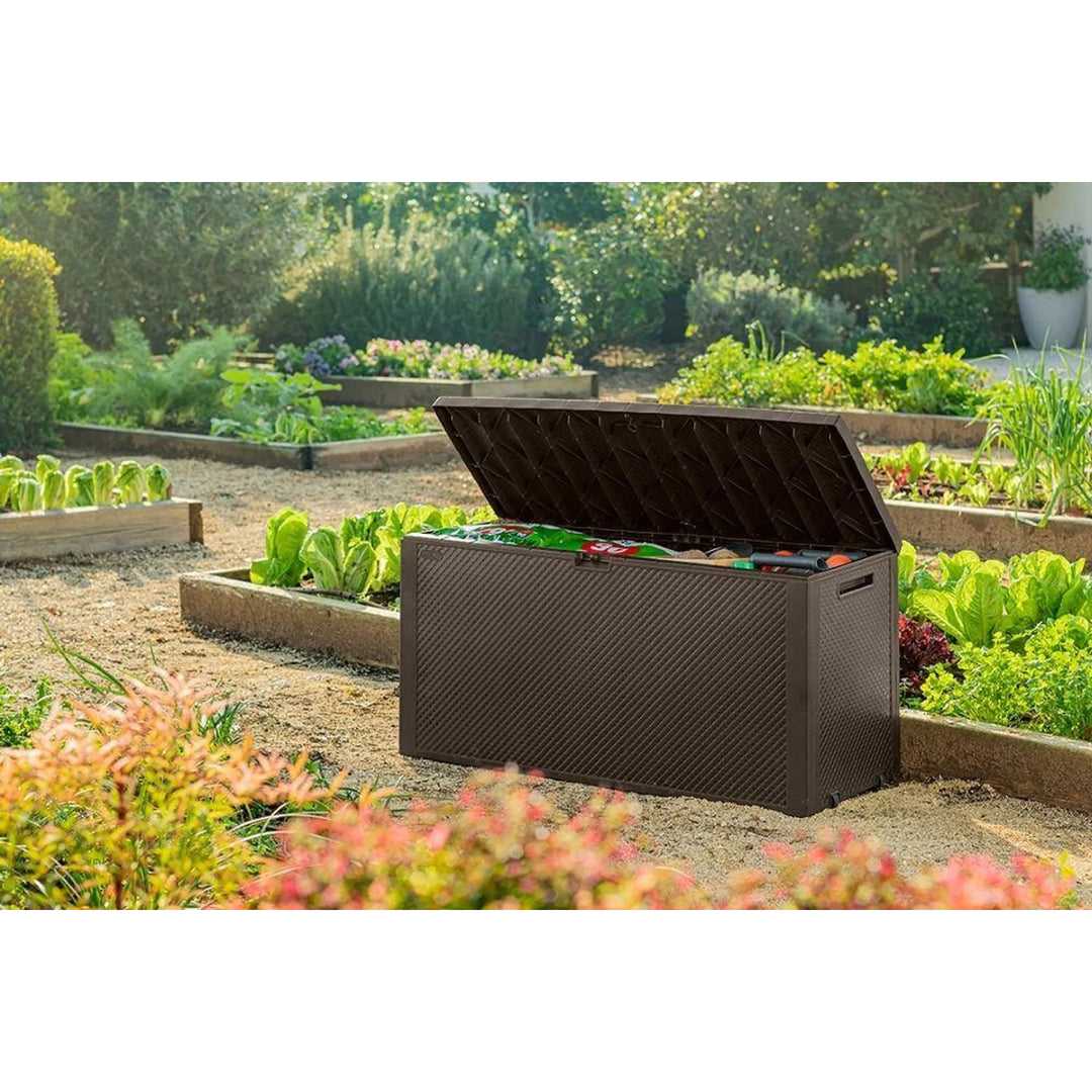 Coffre de jardin Keter Emily, capacité 277 L, couleur marron, charge maximale 20 kg, résistant aux intempéries, équipé de poignées et de roulettes, 249719