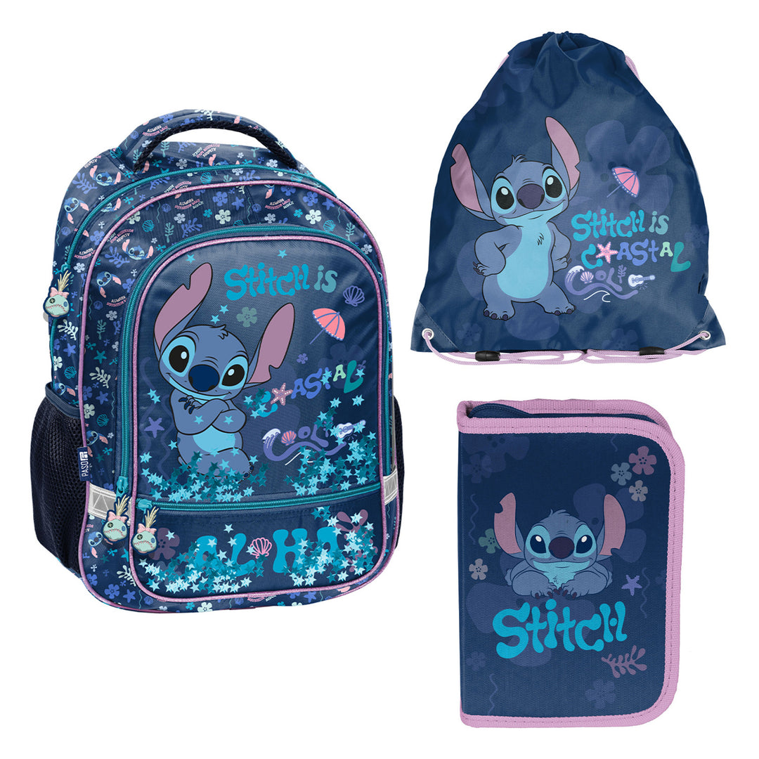 Ensemble scolaire Stitch Paso, sac à dos à deux compartiments, avec éléments réfléchissants et dos rigide, trousse vide avec poignées pour ranger les fournitures, sac à chaussures pouvant être porté sur le dos, DS26XX
