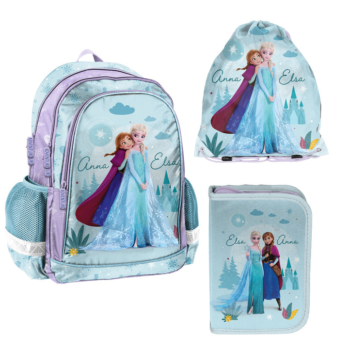 Ensemble scolaire Frozen Paso, sac à dos à deux compartiments, bretelles réglables et dos rigide, trousse avec accessoires et poignées pour les fournitures, sac à chaussures pouvant être porté sur le dos, DF26AA