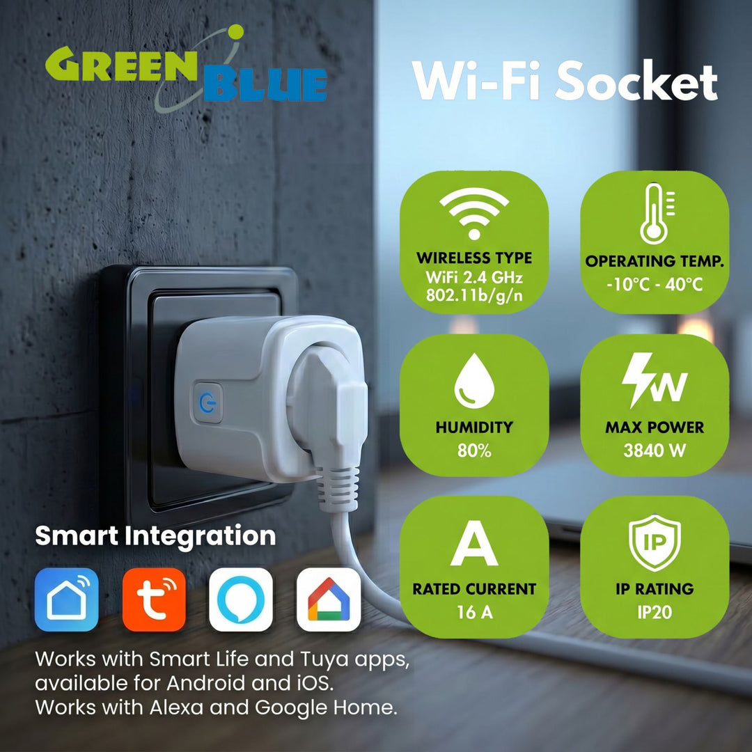 Prise WiFi GreenBlue à commande à distance, compatible Android/iOS/Alexa/Google Home, minuterie, wattmètre, max. 16 A/3 840 W, GB735 W, lot de 2