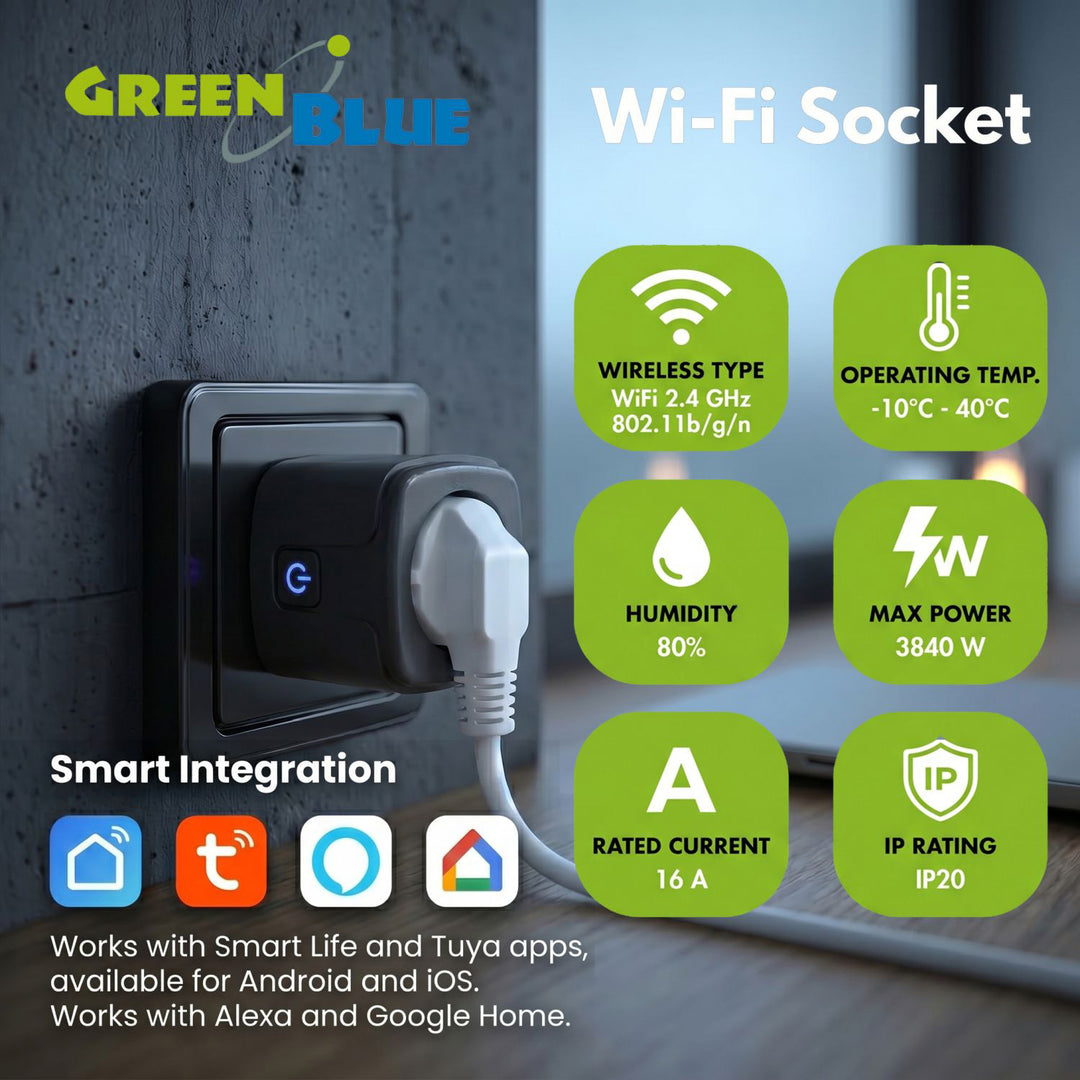 Prise WiFi GreenBlue à commande à distance, compatible Android/iOS/Alexa/Google Home, minuterie, wattmètre, max. 16 A/3 840 W, GB735 B, lot de 2