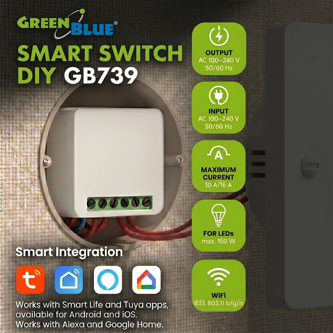 Relais Wi-Fi encastrable GreenBlue, compatible Android/iOS/Alexa/Google Home, 100-240 V CA, 50/60 Hz, 16 A max., pour LED 150 W, GB739, lot de 2