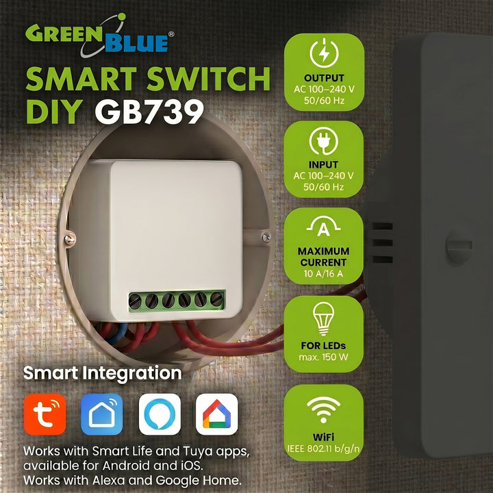 Relais Wi-Fi encastrable GreenBlue, compatible Android/iOS/Alexa/Google Home, 100-240 V CA, 50/60 Hz, 16 A max., pour LED 150 W, GB739, lot de 2