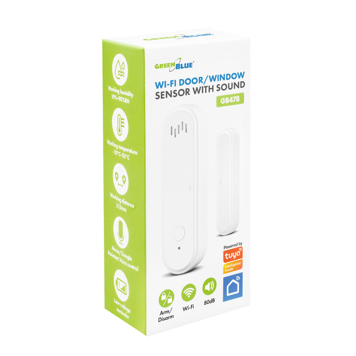 Contacteur sans fil / capteur d'ouverture Wi-Fi GreenBlue, Android/iOS, pour portes / fenêtres, 3,0 V CC, LR03x2, avec alarme, GB478, 2 lots