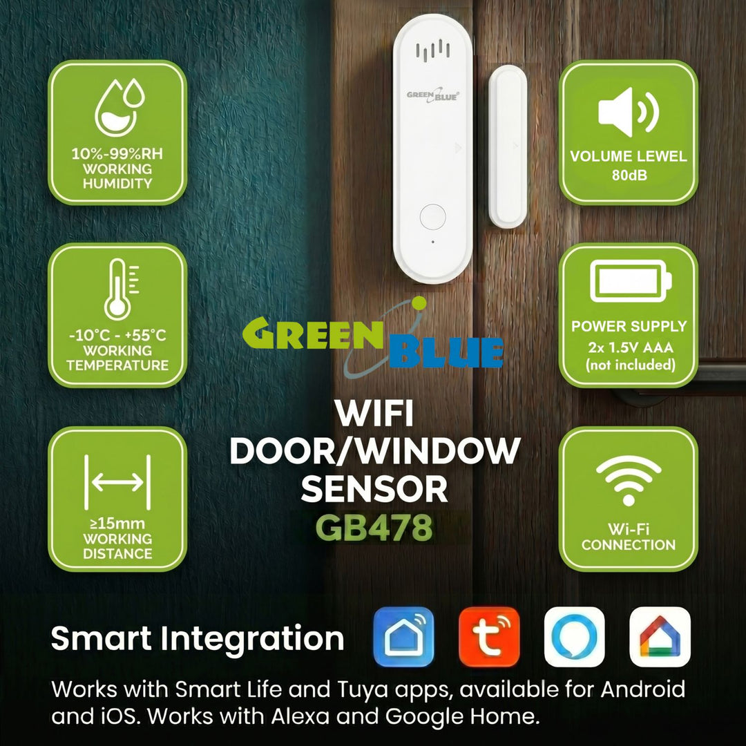 Contacteur sans fil / capteur d'ouverture Wi-Fi GreenBlue, Android/iOS, pour portes / fenêtres, 3,0 V CC, LR03x2, avec alarme, GB478, 2 lots