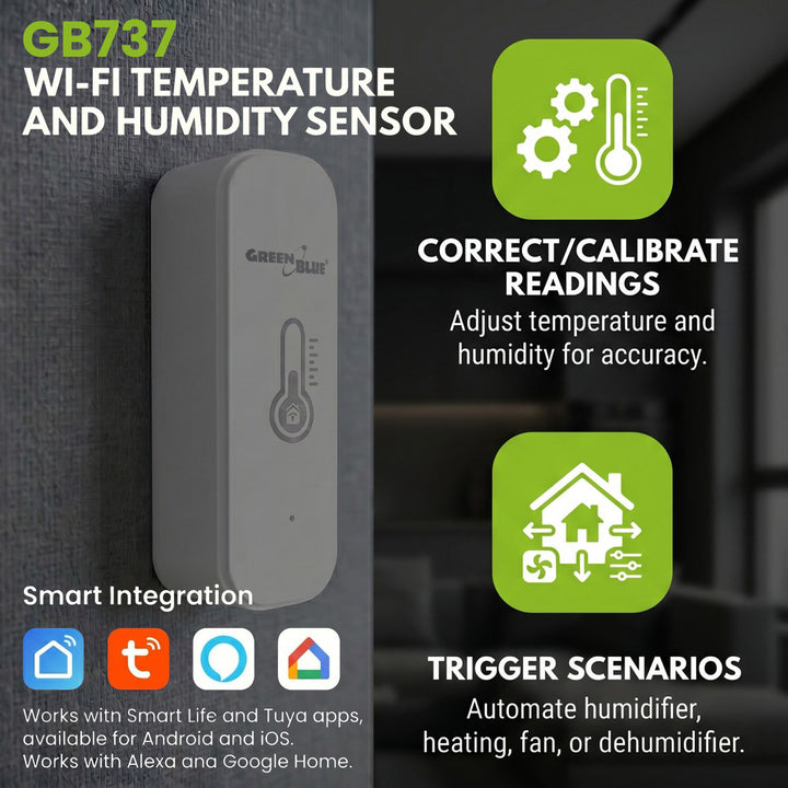 Capteur de température et d'humidité Wi-Fi GreenBlue, compatible Android/iOS/Alexa/Google Home, 3,0 V CC, LR03 x 2, GB737, lot de 2