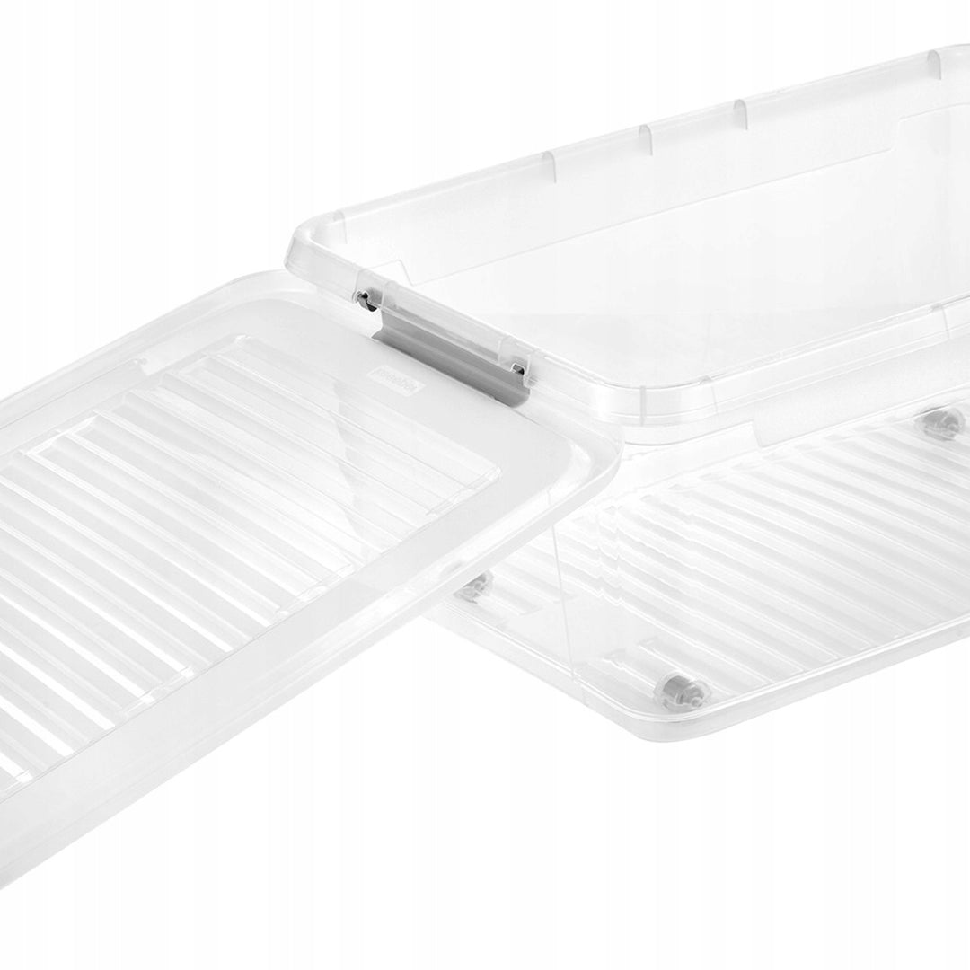 Conteneur avec couvercle Leo Keeeper, capacité 37 L, incolore, muni de roulettes, couvercle à fermeture par clips, lot de 2