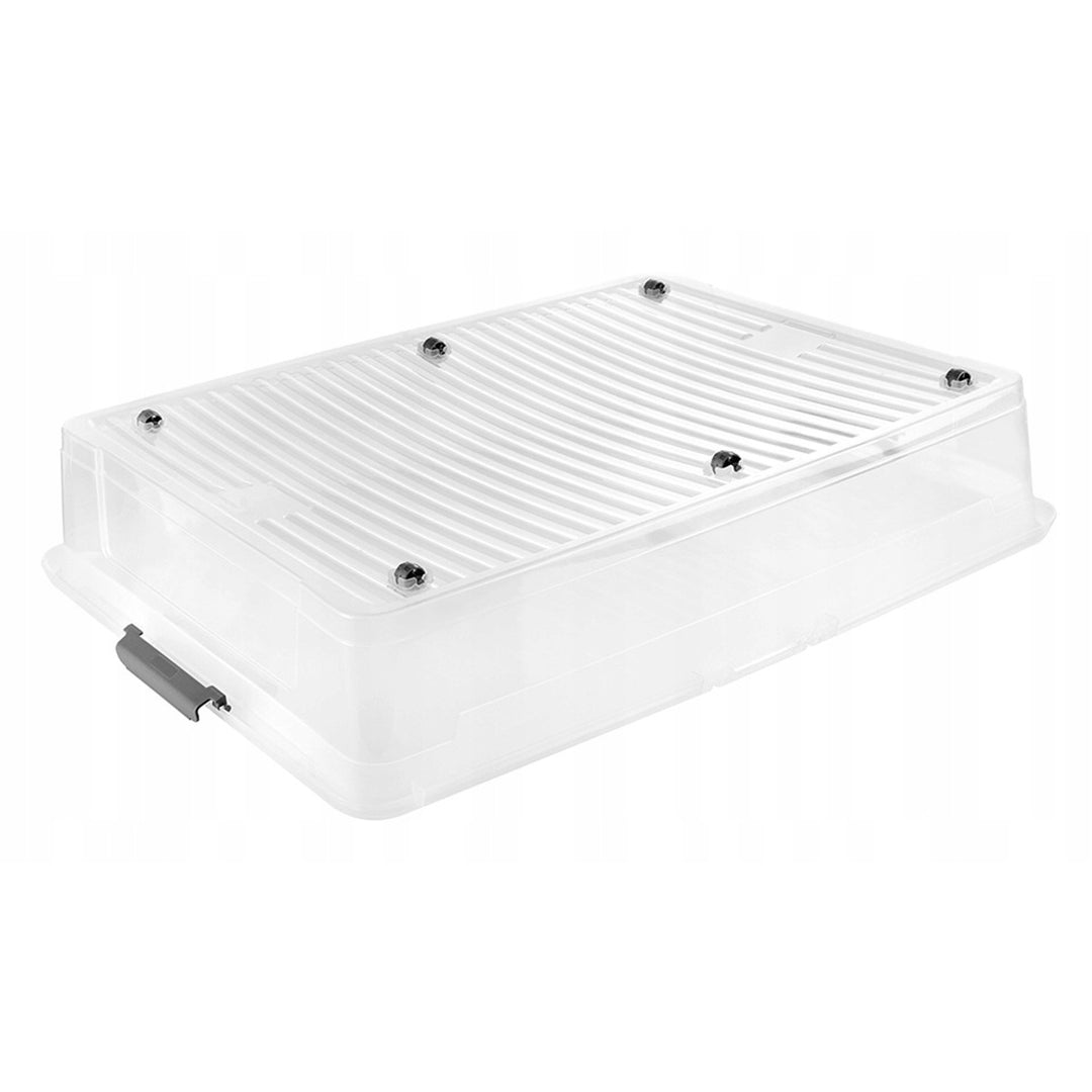 Conteneur avec couvercle Leo Keeeper, capacité 53 L, incolore, muni de roulettes, couvercle à fermeture par clips, lot de 2