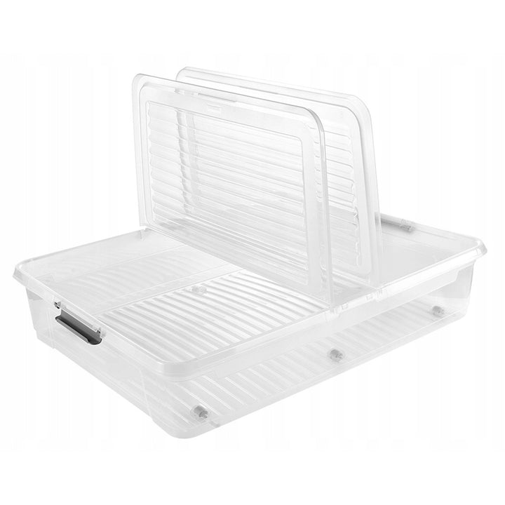 Conteneur avec couvercle Leo Keeeper, capacité 53 L, incolore, muni de roulettes, couvercle à fermeture par clips, lot de 3 pièces