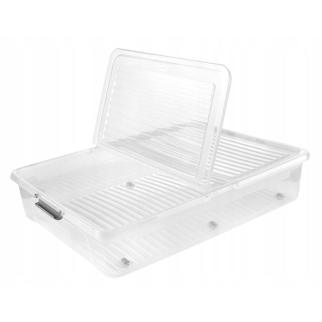 Conteneur avec couvercle Leo Keeeper, capacité 53 L, incolore, muni de roulettes, couvercle à fermeture par clips, lot de 3 pièces