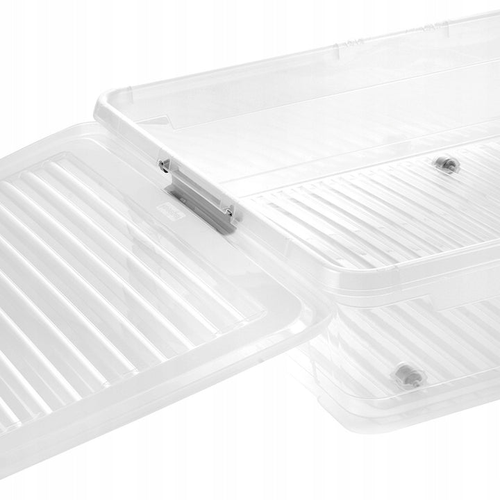 Conteneur avec couvercle Leo Keeeper, capacité 53 L, incolore, muni de roulettes, couvercle à fermeture par clips, lot de 3 pièces
