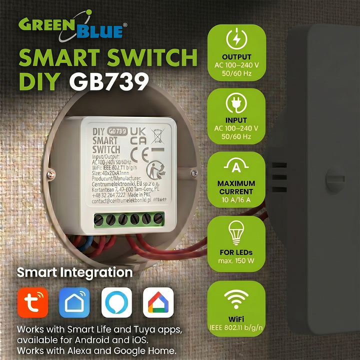 Relais Wi-Fi encastrable GreenBlue, compatible Android/iOS/Alexa/Google Home, 100-240 V CA, 50/60 Hz, 16 A max., pour LED 150 W, GB739, lot de 3