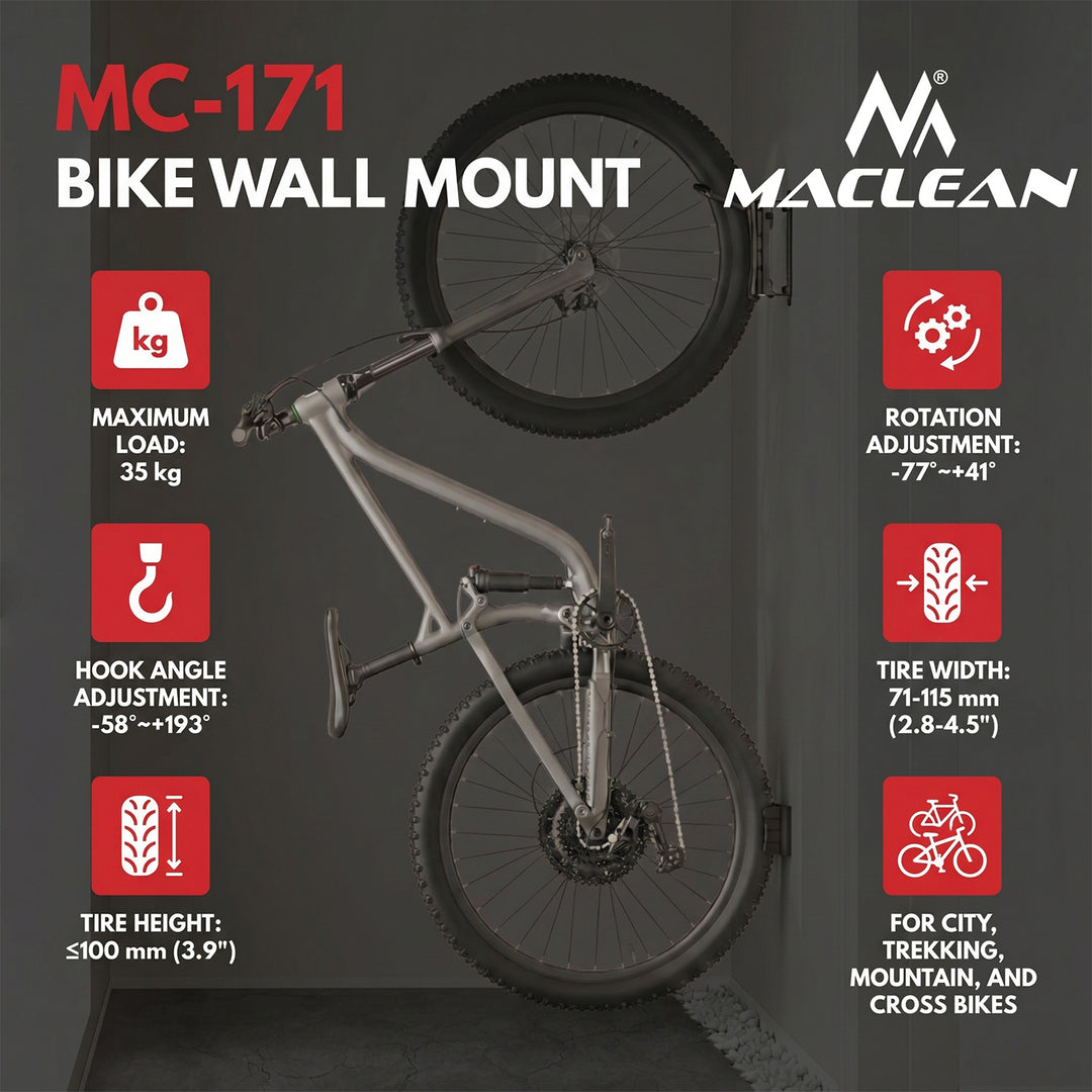 Support mural pour vélos Maclean, charge maximale de 35 kg, angle d'inclinaison réglable, acier, MC-171, lot de 2
