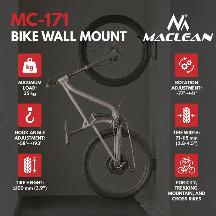 Support mural pour vélos Maclean, charge maximale de 35 kg, angle d'inclinaison réglable, acier, MC-171, lot de 4 pièces