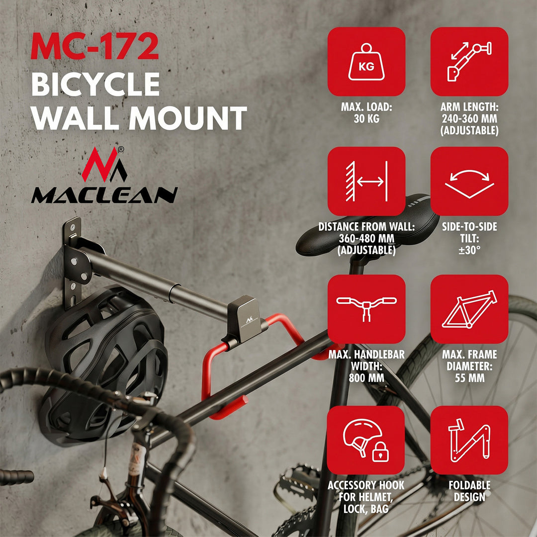 Support mural pour vélos Maclean, horizontal, en acier, charge maximale 30 kg, angle réglable, MC-172, lot de 3