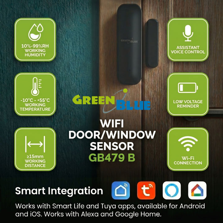 GB479 B Contacteur sans fil / capteur d'ouverture Wi-Fi GreenBlue, Android/iOS, pour portes / fenêtres, 3,0 V CC, LR03x2, GB479 B + 2 piles R-03 LR03 AAA alcalines Varta Industrial 4003