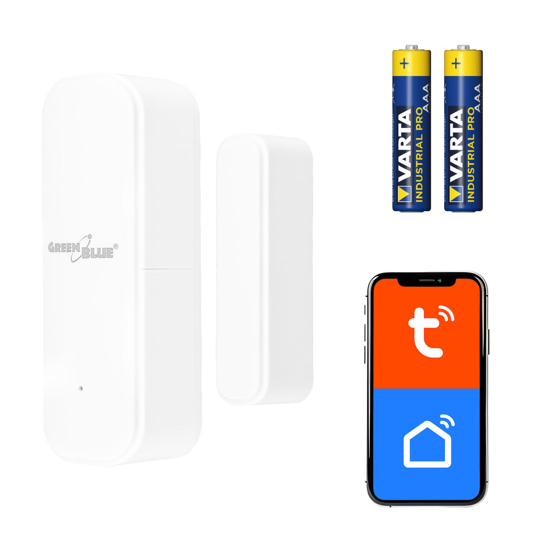 Contacteur sans fil / capteur d'ouverture Wi-Fi GreenBlue, Android/iOS, pour portes / fenêtres, 3,0 V CC, LR03x2, GB479 W + 2 piles R-03 LR03 AAA alcalines Varta Industrial 4003