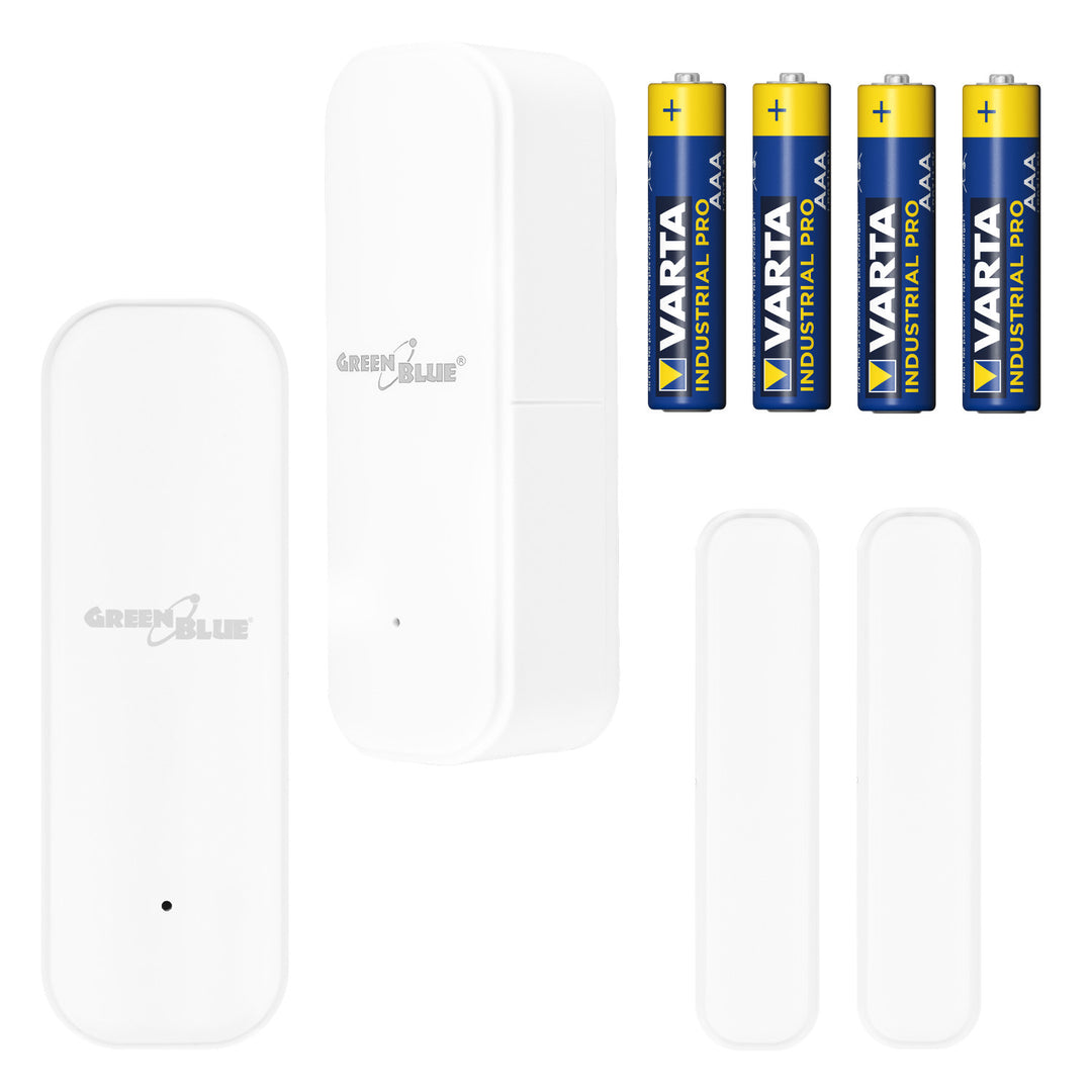 Contacteur sans fil / capteur d'ouverture Wi-Fi GreenBlue, Android/iOS, pour portes / fenêtres, 3,0 V CC, LR03x2, GB479, lot de 2 pièces  + 4 piles alcalines AAA Varta Industrial 4003