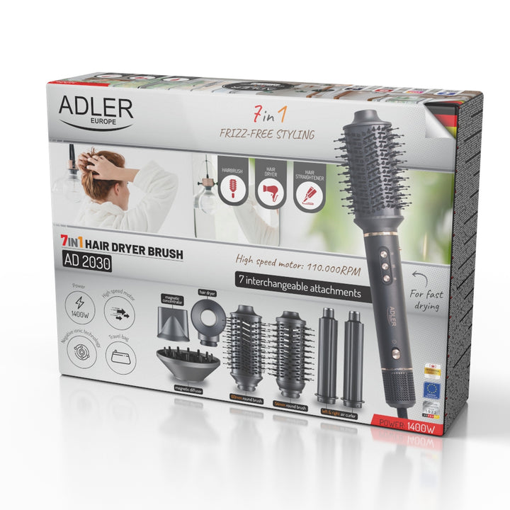 Sèche-cheveux et fer à boucler 7 en 1 - 7 embouts, ionisation, air froid, 3 températures, 3 vitesses, étui de voyage, AD 2030, Adler