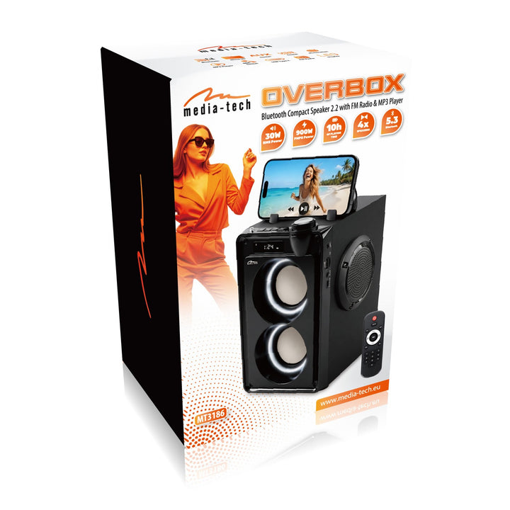 Enceinte Bluetooth portable OVERBOX MT3186, radio FM, prise en charge des cartes SD et USB, puissance RMS de 30 W, Mediatech