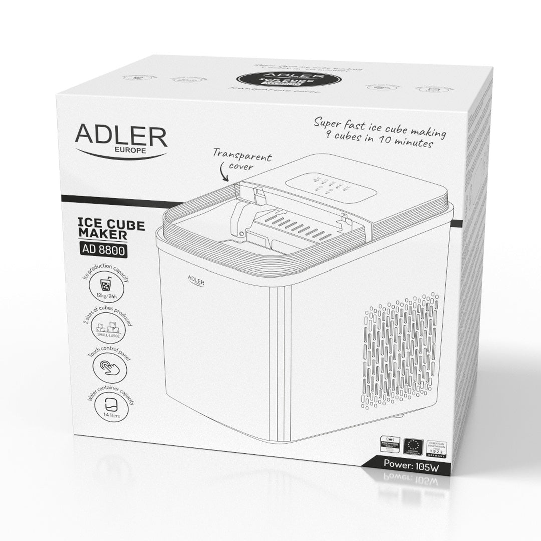 Machine à glaçons, 12 kg/24 h, 2 tailles de glaçons, mode nettoyage, fonctionnement silencieux, écran tactile, AD 8800, Adler