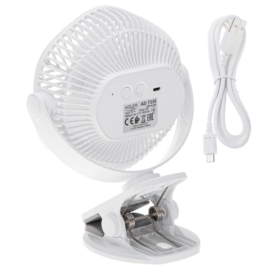 Ventilateur sans fil 5"/12,7 cm avec clip - USB / LED, AD 7335, Adler