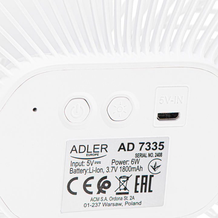 Ventilateur sans fil 5"/12,7 cm avec clip - USB / LED, AD 7335, Adler