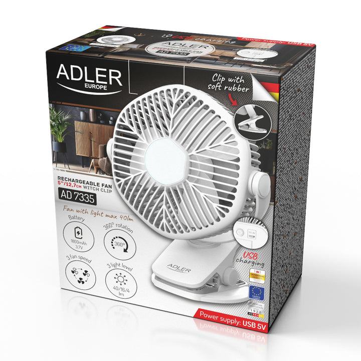Ventilateur sans fil 5"/12,7 cm avec clip - USB / LED, AD 7335, Adler