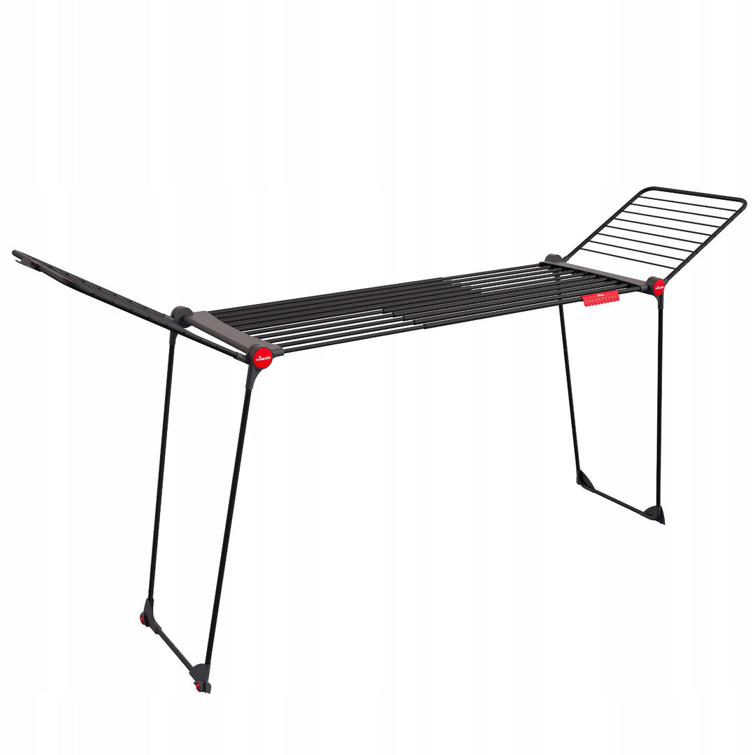 Séchoir à linge Vileda Infinity Flex Ultimate, couleur noire, jusqu'à 30 m² de surface de séchage, extensible, structure surélevée, crochets à linge, roulettes intégrées, 179620