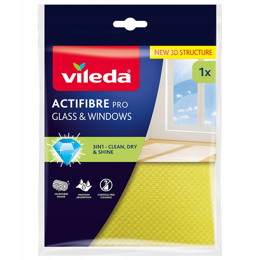 Chiffon Vileda Actifibre Pro pour vitres et fenêtres, lavable en machine, revêtement en PVA, ne laisse ni traces ni taches, nettoie à l'eau seule, 183298