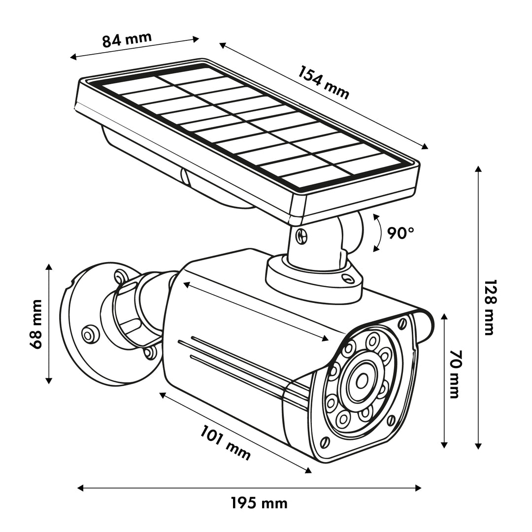 Fausse caméra solaire, LED clignotante, détecteur de mouvement, éclairage LED, autocollants inclus, SOL1800S/B, lot de 2