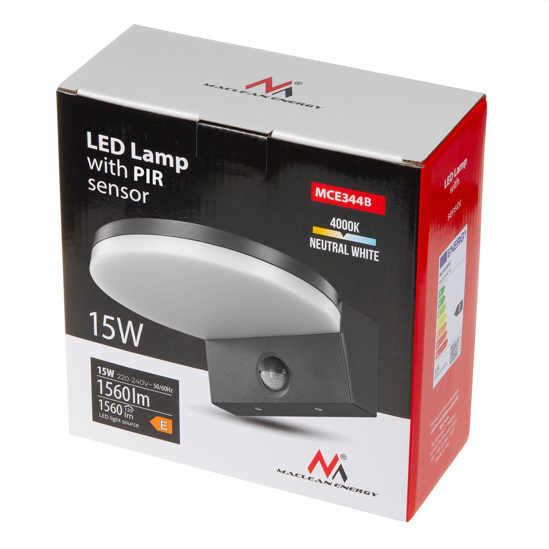 Lampe LED avec détecteur de mouvement Maclean, détecteur de mouvement PIR, couleur noire, 15 W, IP65, 1 560 lm, blanc neutre (4 000 K) MCE344 B, lot de 2