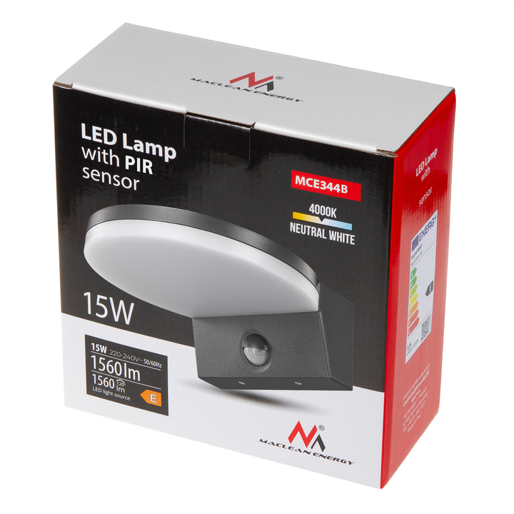 Lampe LED avec détecteur de mouvement Maclean, détecteur de mouvement PIR, couleur noire, 15 W, IP65, 1 560 lm, blanc neutre (4 000 K) MCE344 B, lot de 2