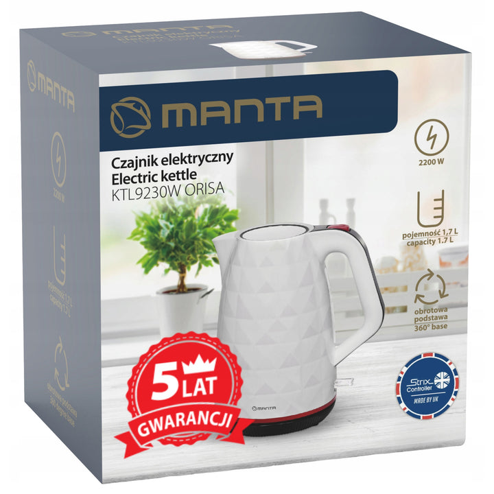Bouilloire électrique sans fil Manta ORISA 1,7 L 2 200 W, blanche