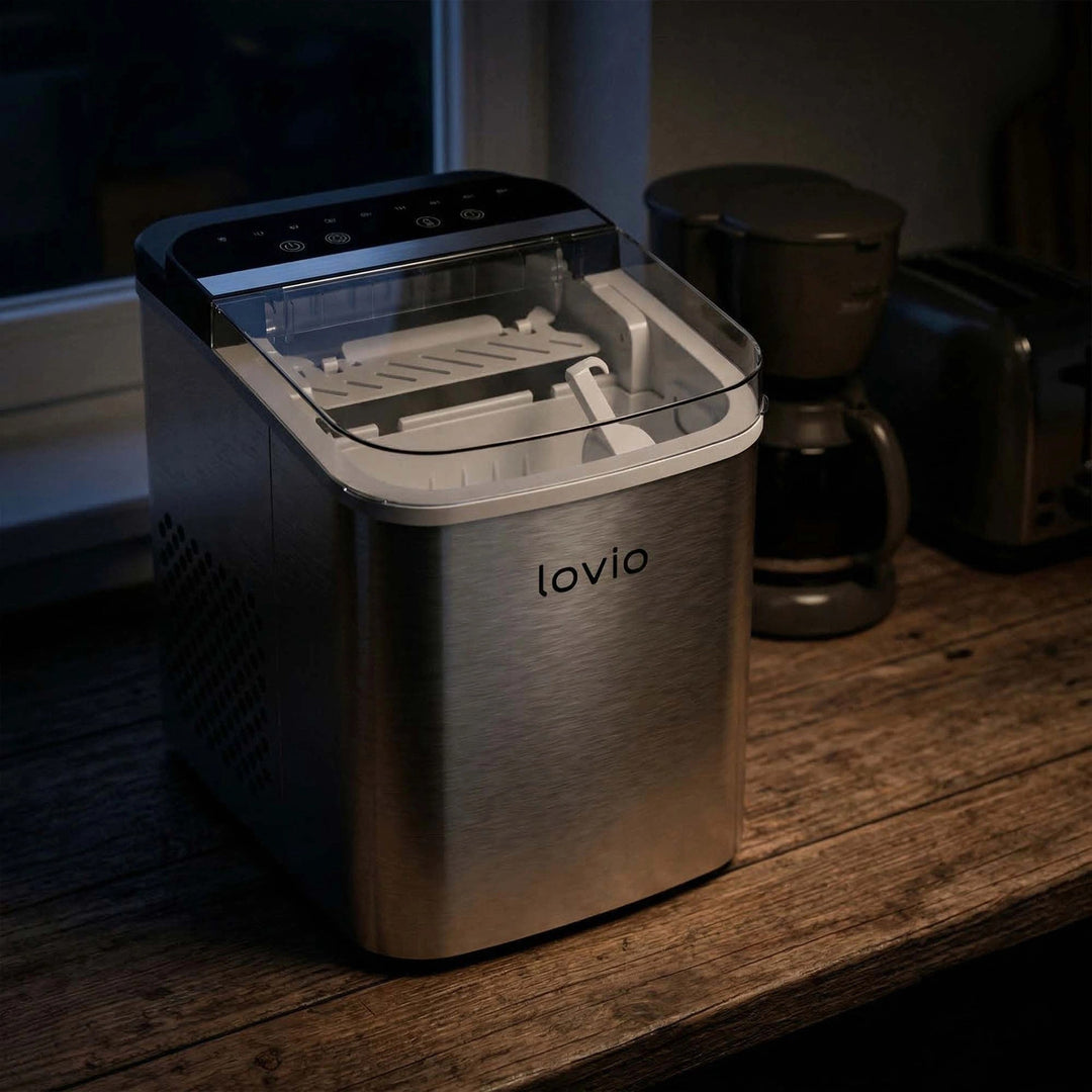 Machine à glaçons domestique Lovio Crystal Ice Plus, en acier, couleur argent, glaçons express