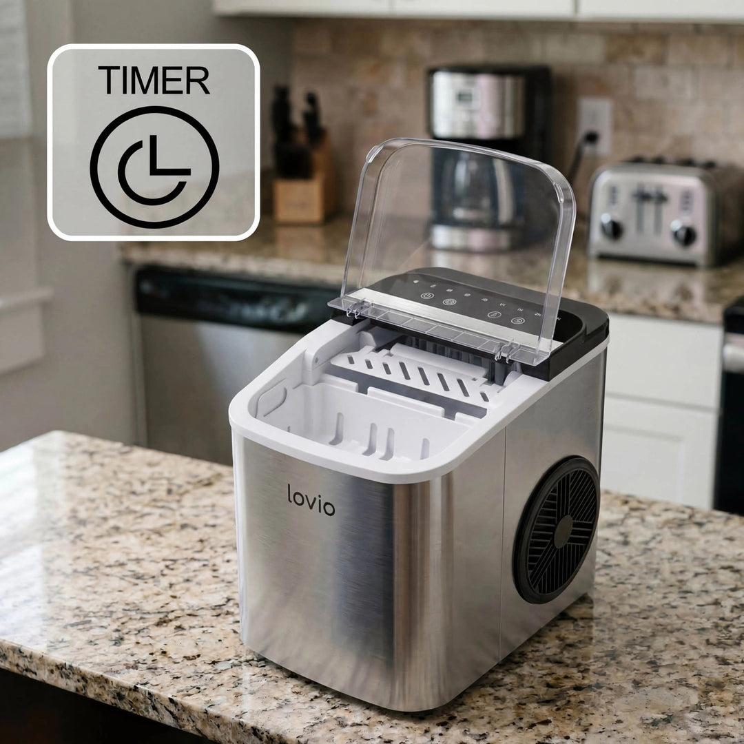 Machine à glaçons domestique Lovio Crystal Ice Plus, en acier, couleur argent, glaçons express