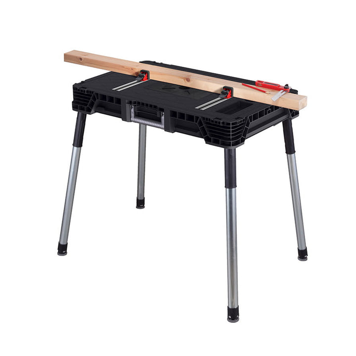 Table d'atelier mobile Keter Jobmade, capacité de charge de 453 kg, pieds antidérapants, bac à outils avec pinces sous le plateau, 239985